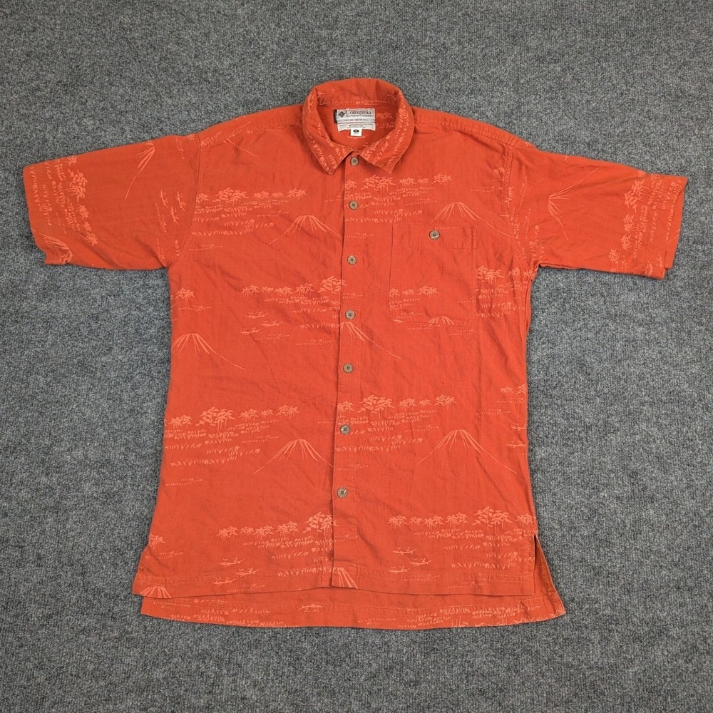 Columbia GRT Mens Large Silk Cotton Blend Orange Tropical‎ Island Print Shirt